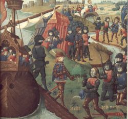 Henry III lands in Aquitaine, from a later (15th century) illumination. (Bibliothèque Nationale, MS fr. 2829, folio 18)
