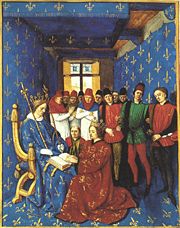 Hommage of Edward I (kneeling), to the Philippe le Bel (seated). As Duke of Aquitaine, Edward was a vassal to the French king.