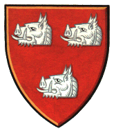 Gules, three boars heads argent - the Arms of Adam de Swynburne