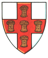 Argent on a cross Gules five garbs Or - the arms used by Sir John de Swynburne